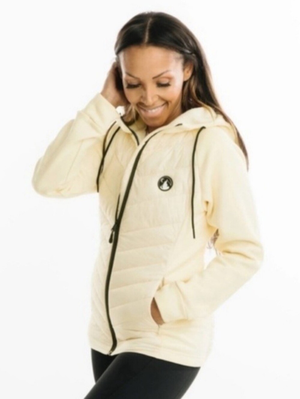 ZYIA Cream Quilted Hooded Puffer Jacket Black Trim Medium Athleisure Fall Active